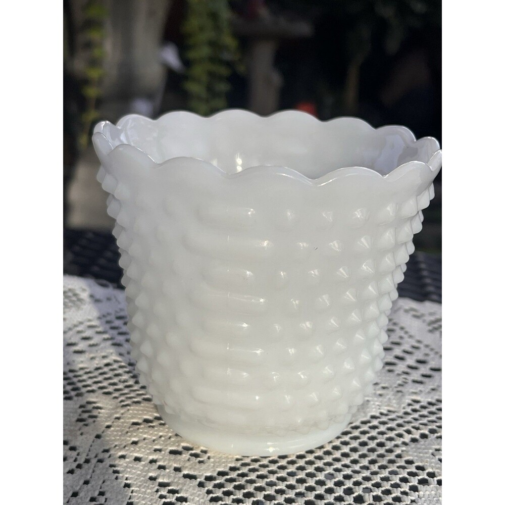VINTAGE Fire King Ware Milk Glass Planter Cachepot Hobnail White Scalloped Edge